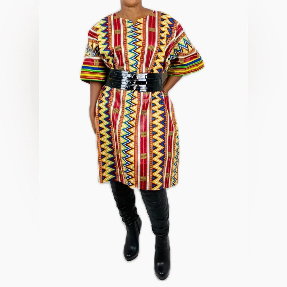 Multicolor Chevron Zigzag Notch Neck Cotton Midi Shirt Handmade Kaftan Dress